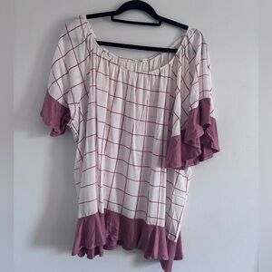 NWOT E.Luna white and pink grid print top with ruffle sleeves
